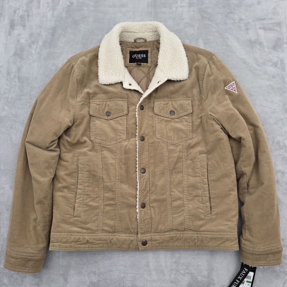GUESS Corduroy Bomber Jacket Mens L Quilt Lined Sherpa Collar Beige 119RC222